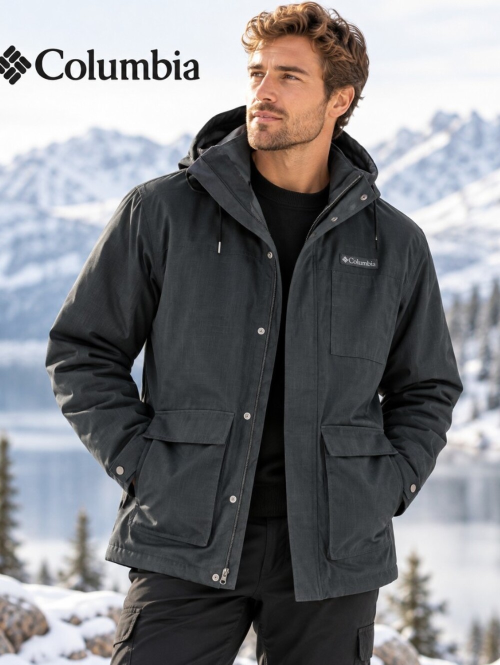 Columbia Interchange Omni-Tech Hooded Waterproof Jacket Black Large